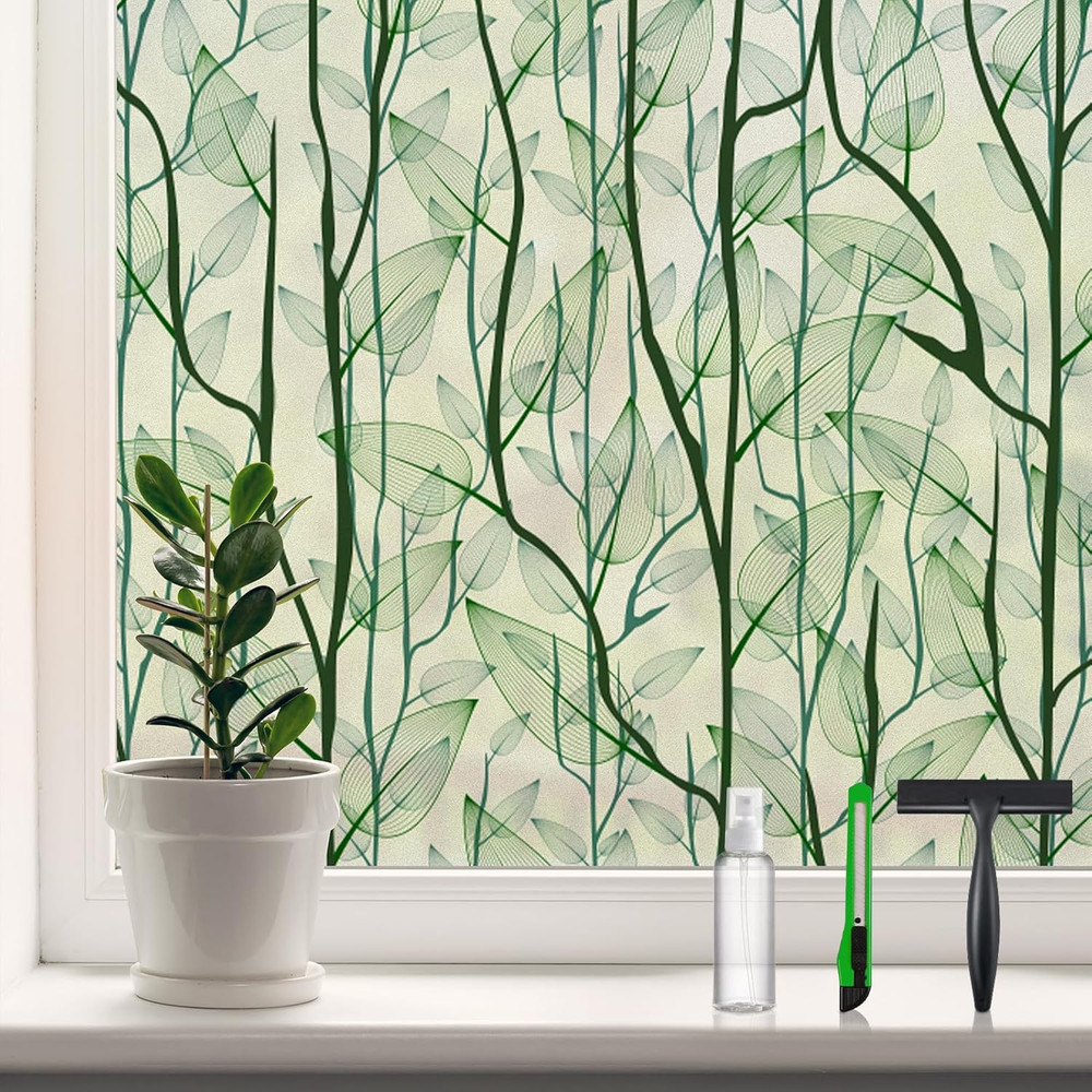 Window Privacy Film Stained Glass Decorative Static Cling Dark Green 17.7'' x 78