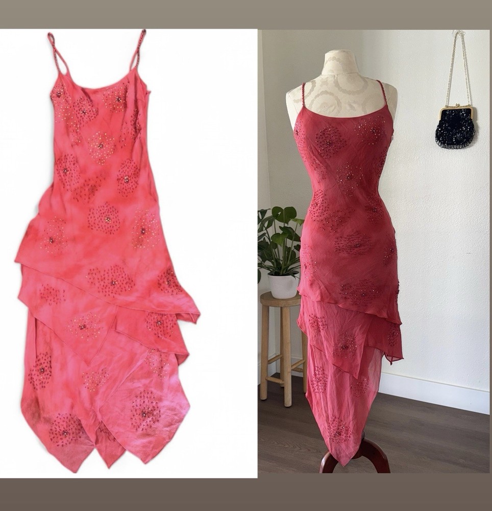 Sue Wong Nocturne Vintage 90s RARE Pink Beaded Fairycore 100% Silk Dress Sz 2