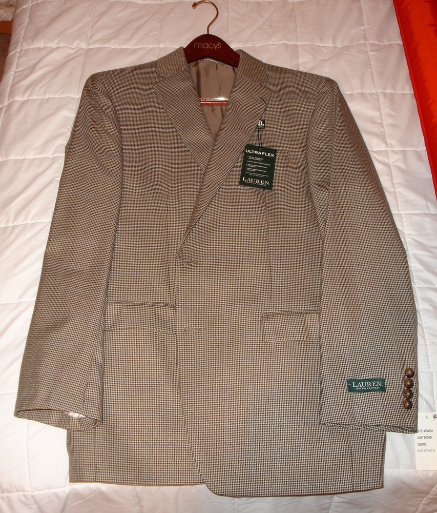 NWT Ralph Lauren 42L Silk Wool Brown Houndstooth Blazer Suit Jacket Sport Coat