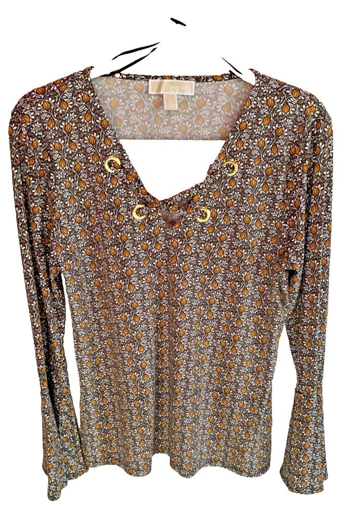 Michael Kors Womens Blouse Tunic Stretch V-neck Bell Sleeve Print Brown size M