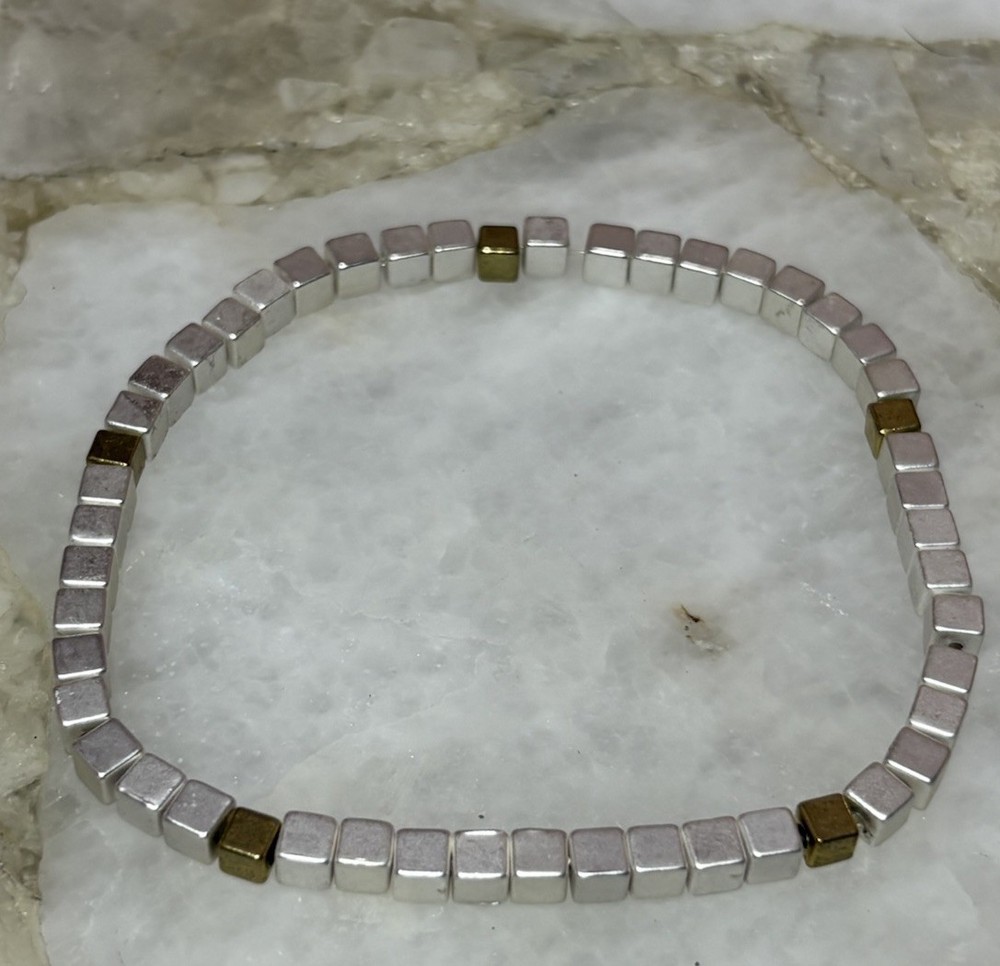 Thin & Dainty Cube Silver & Gold Tone Stretch Bracelet