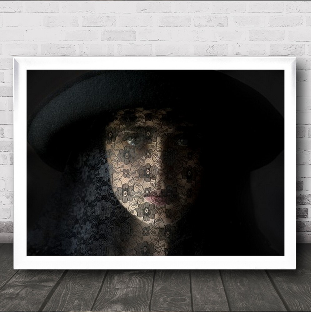 The Widow Portrait Hat Dark Lace Flowers Face Mysterious Mystery Wall Art Print