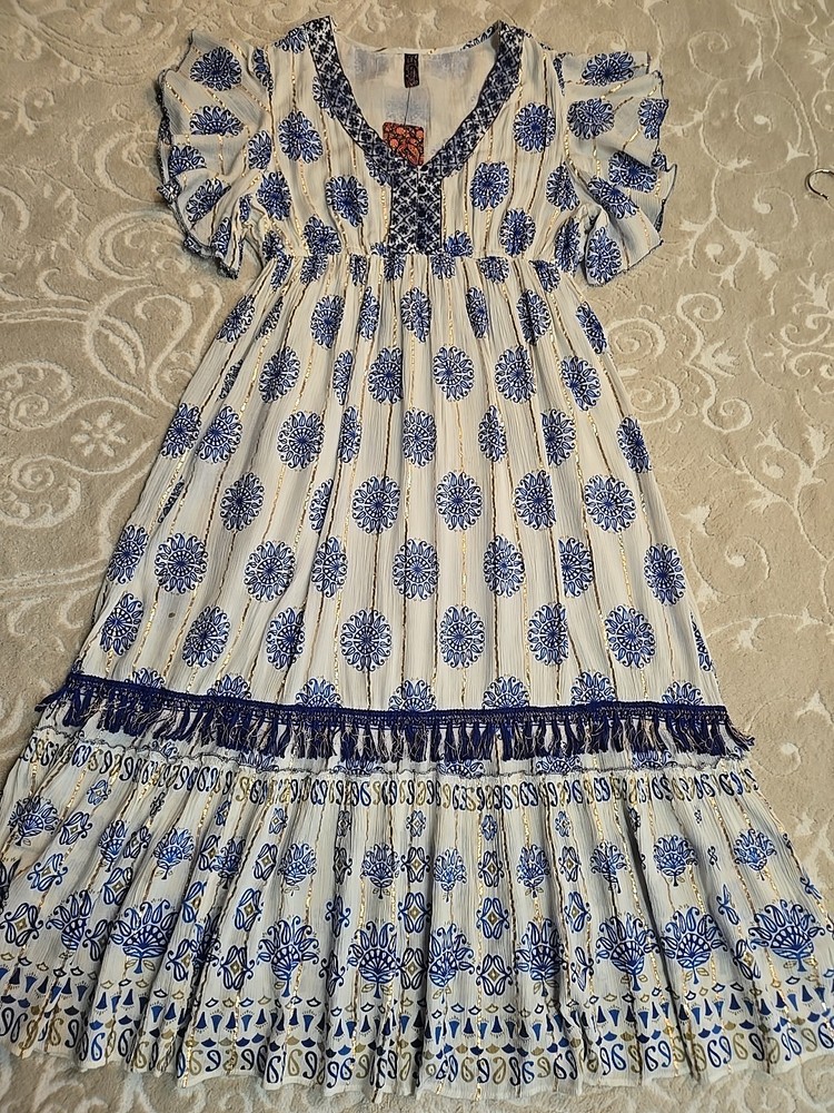 NWT Anthropologie Me 2 Magic Sz 3X Metallic Tiered Boho Maxi Dress Lined Tassel