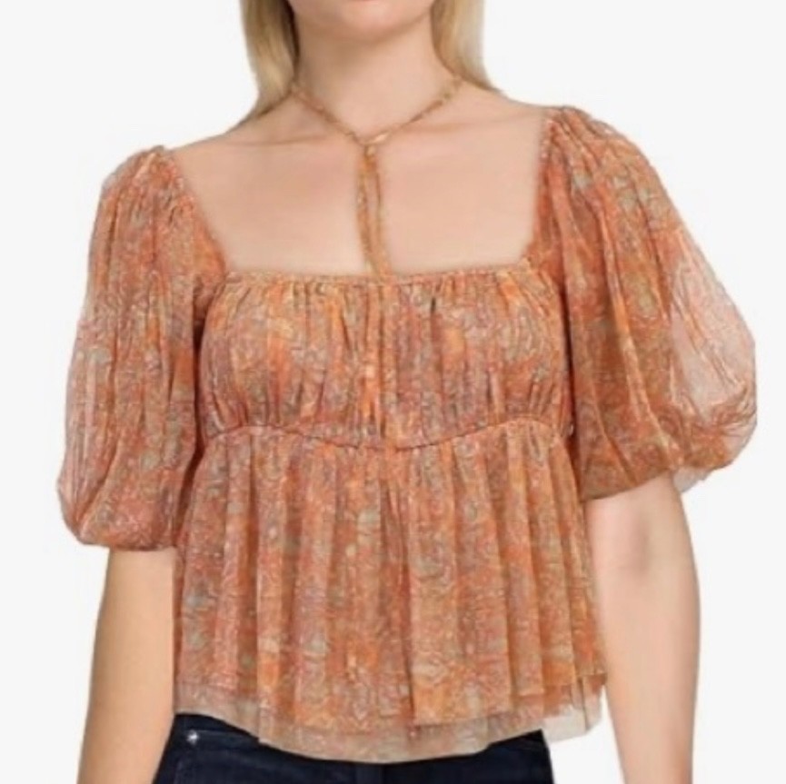 NWOT Free People Women's Penelope Printed Smocked Peplum Top Blouse Orange XS