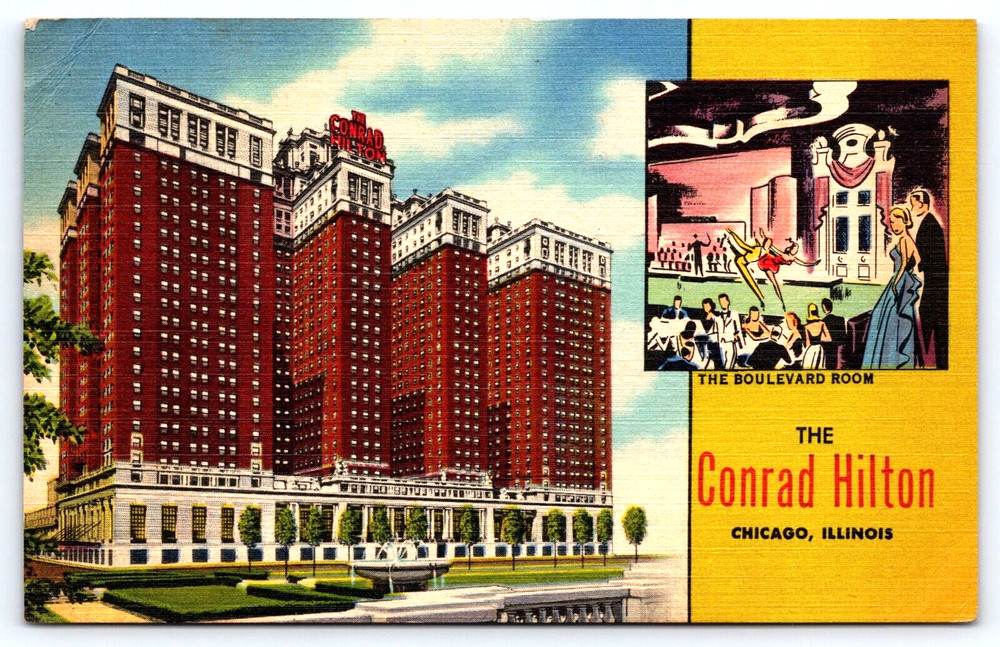 Chicago Illinois Il Conrad Hilton Hotel Building Dancing Vintage Postcard