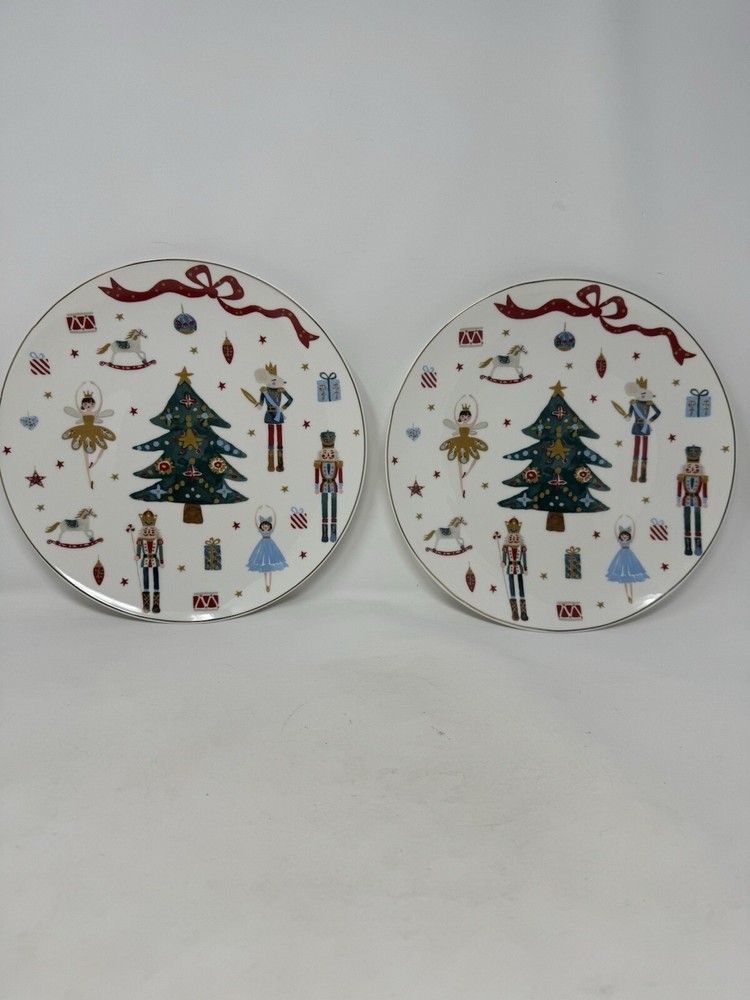 2 Grace Teaware Christmas Nutcracker Ballet Gold Trim 10.5 Dinner Plates New
