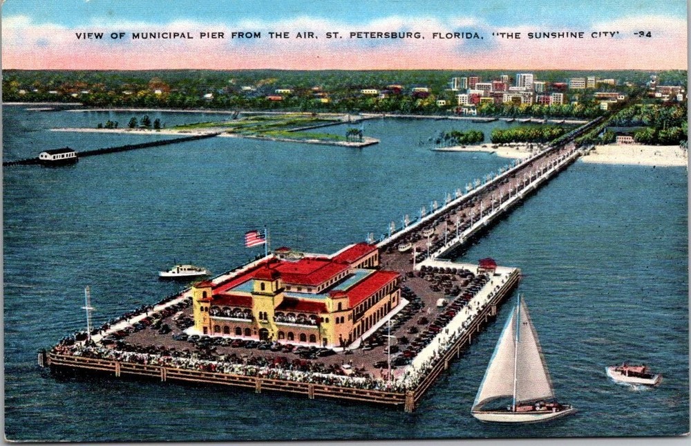 St. Petersburg FL Municipal Pier Aerial View Linen Postcard Sunshine City