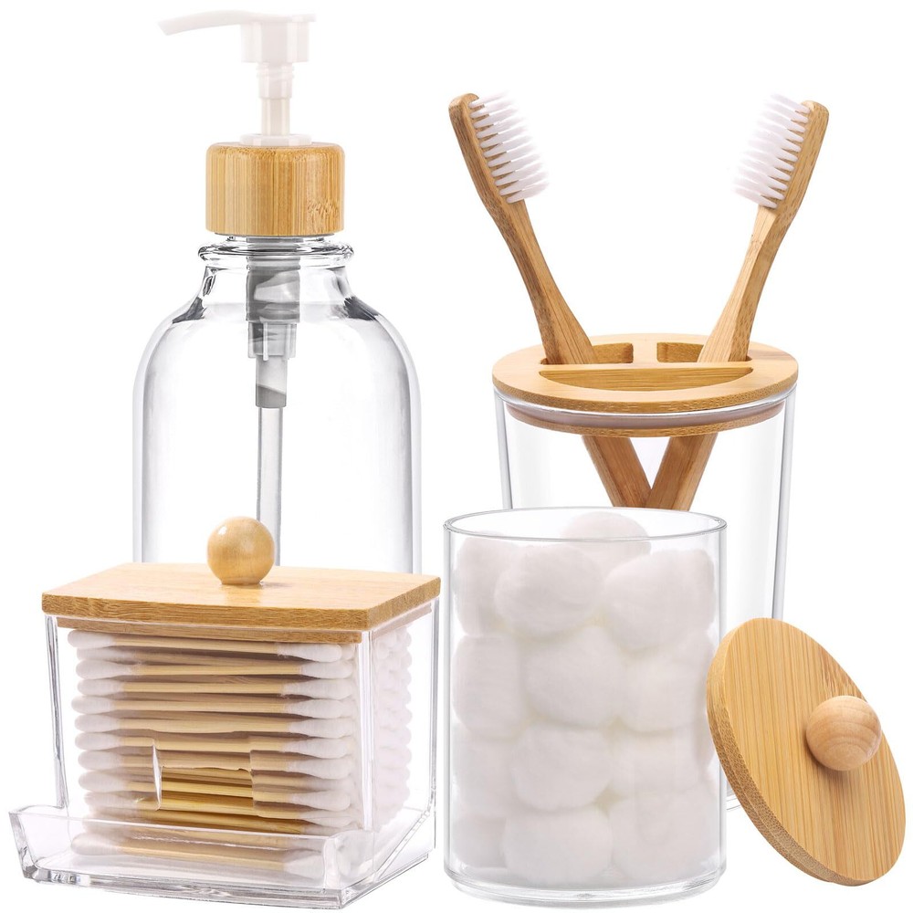Tmax 4-Piece Bamboo Bathroom Set with Toothbrush Holder and Soap Dispenser