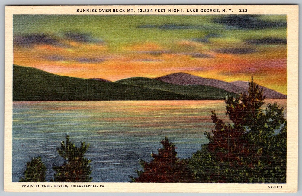 Vtg Linen Postcard Buck Mountain Sunrise Lake George, NY 1940s