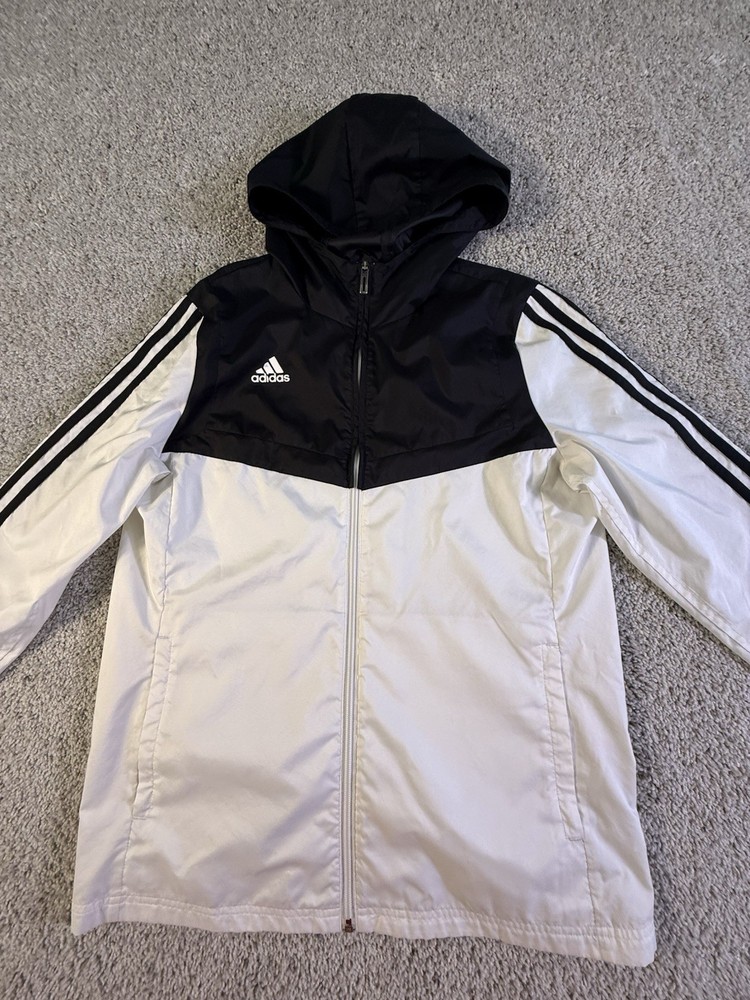 Adidas 3-Stripes Hooded Jacket Womens Size M Black White Mesh Lined Windbreaker