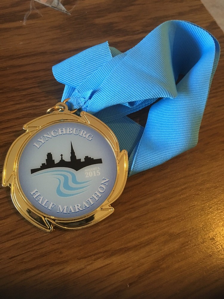 Runner's  Medal And Ribbon:2015 Lynchburg Half Marathon, 1st place male 60-64