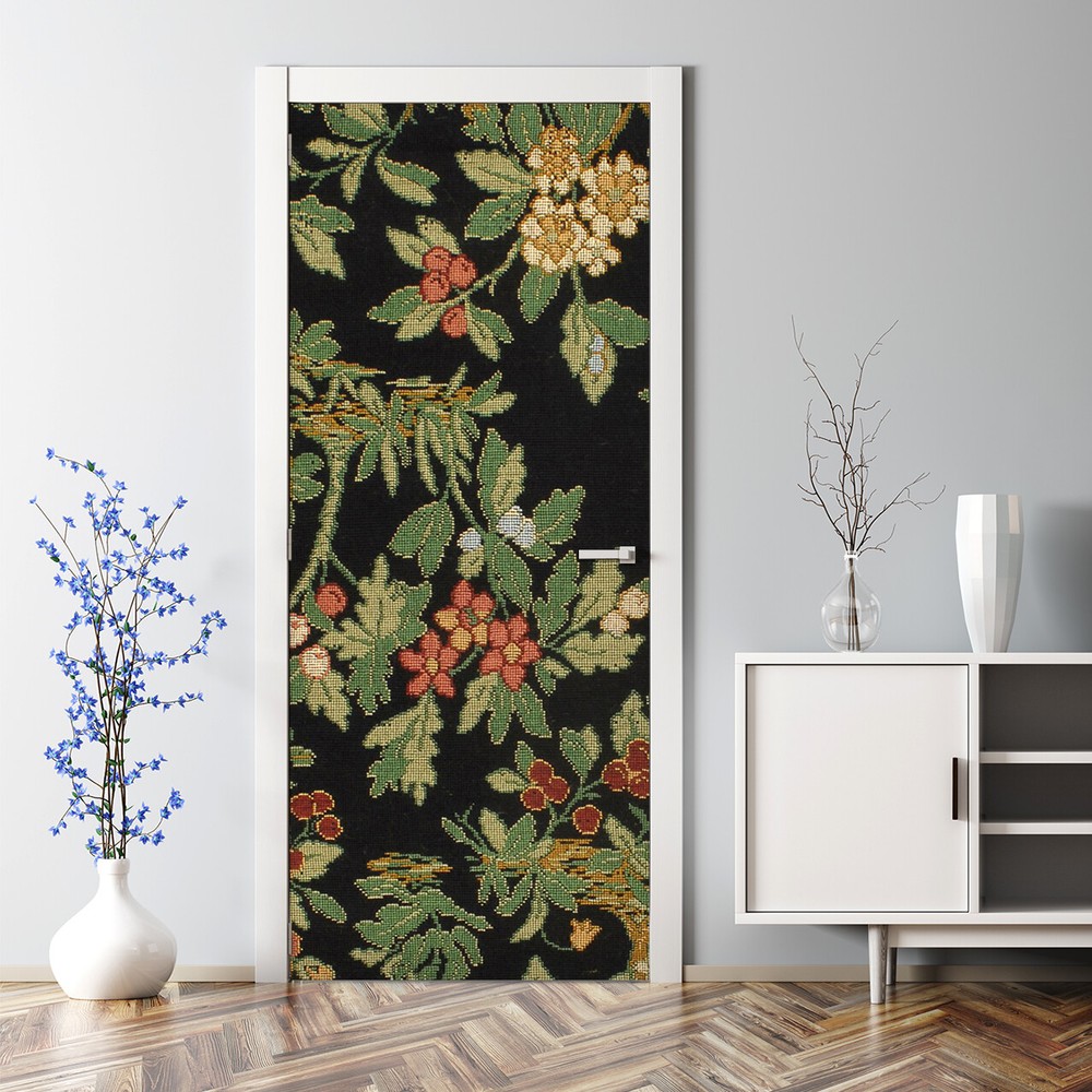 Embroidered delicate flowers Bubble Free Door sticker black and Colourful