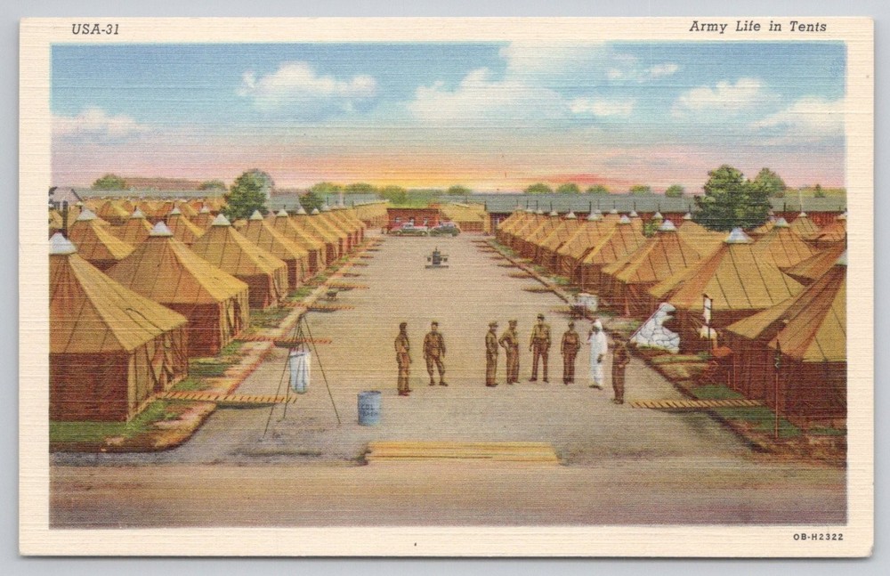 WWII Era US Army Camp Tents Curteich C.T. Art-Colortone Postcard