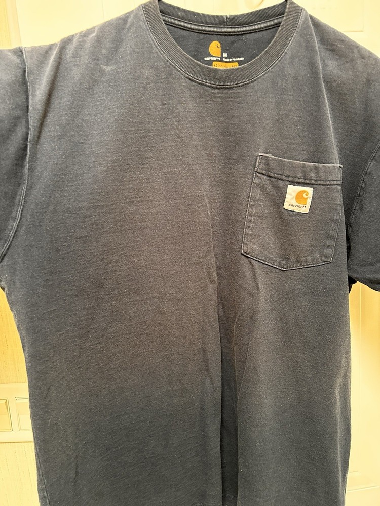 VTG Faded Carhartt Men'S K87-NVY Med Short Sleeve T-Shirt - Navy Thick Cotton