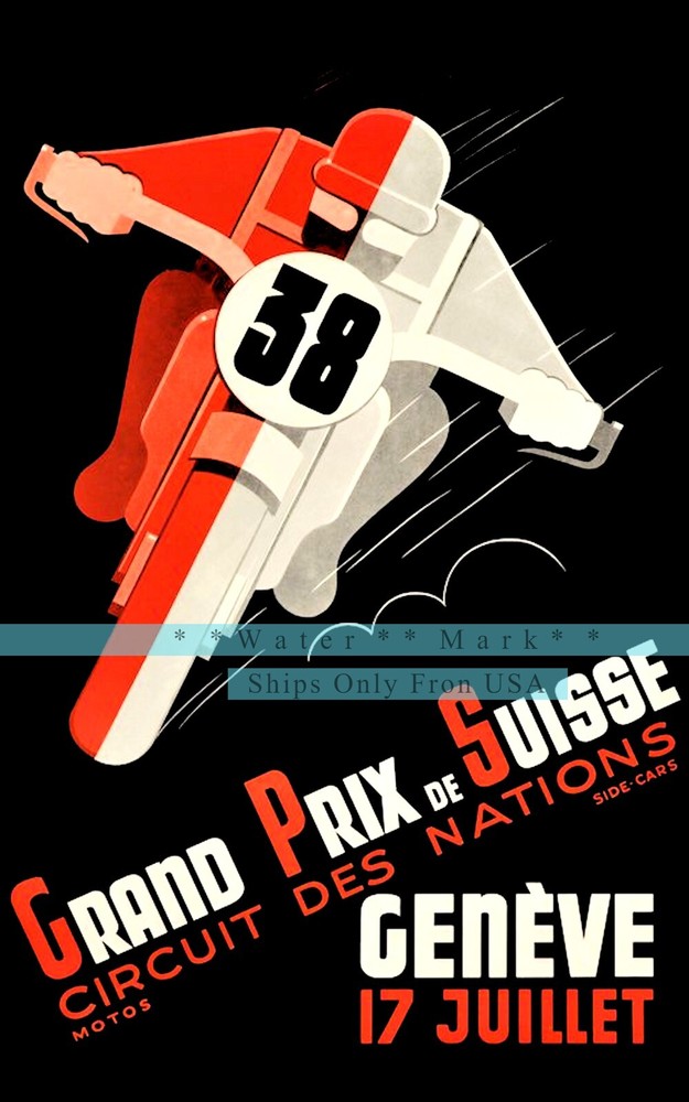 Grand Prix 1938 Geneva Motorcycle Racing Vintage Poster Print Retro Style Art