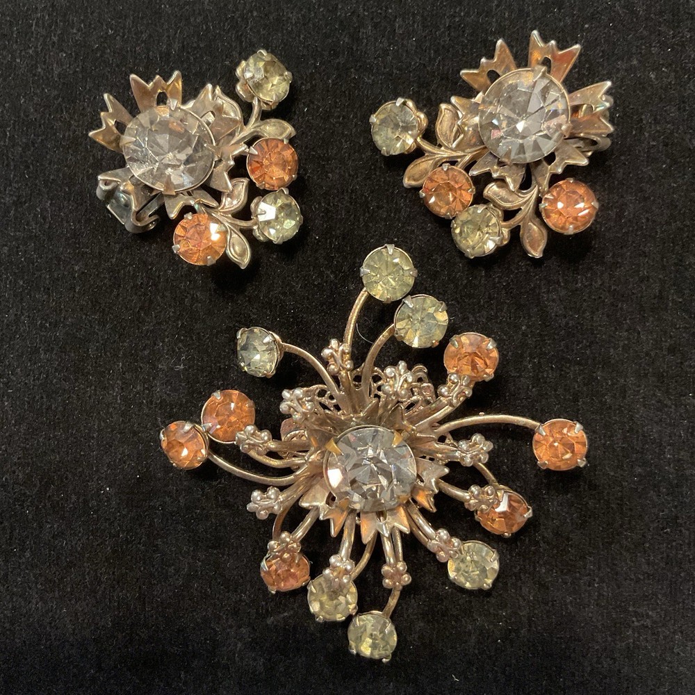 Vintage 1930s/40s Brooch Pin Clip Earrings Set Prong Set Rhinestones Demi Parure