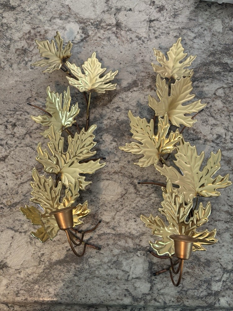 2 Vtg Homco Home Interior Brass Copper Maple Leaf Sconce  Candle Holders