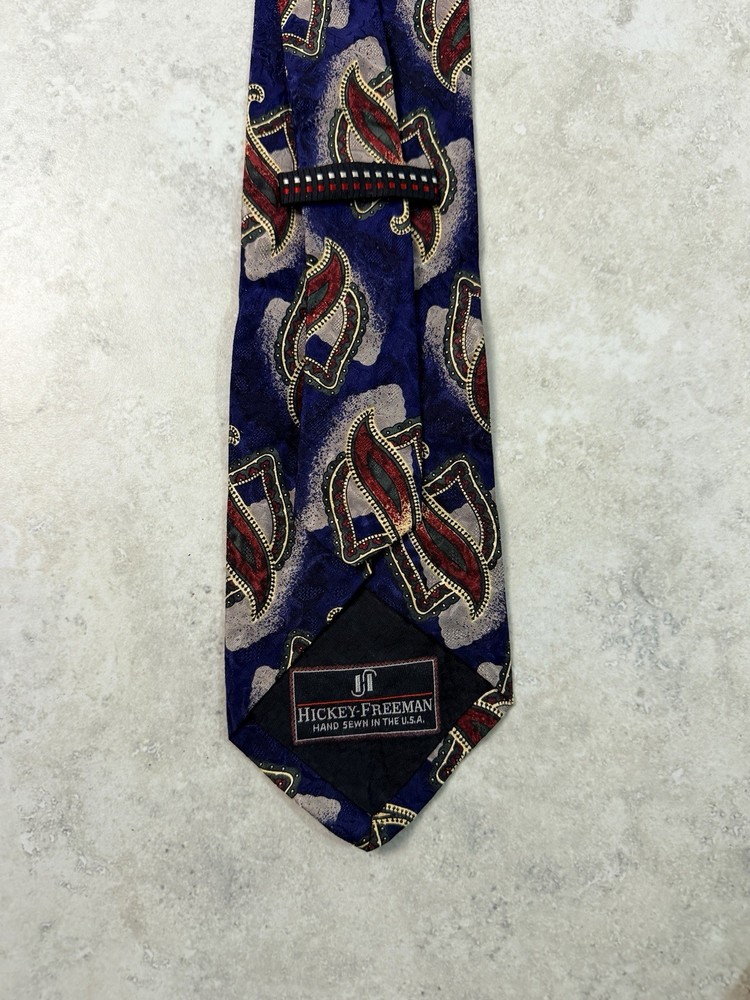 Hickey Freeman Mens Necktie Blue Red Paisley Abstract Tie Hand Sewn USA Vintage