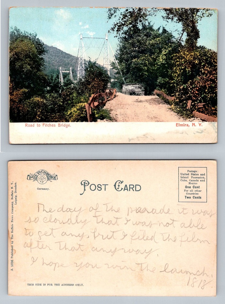 Elmira, NY-New York, Road To Fitches Bridge Suspension Span Vintage Postcard