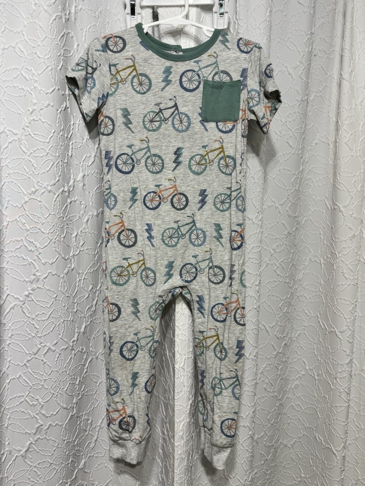 Play by Little Sleepies Bicycle Print Short Sleeve Romper 3T Gray Green Pocket