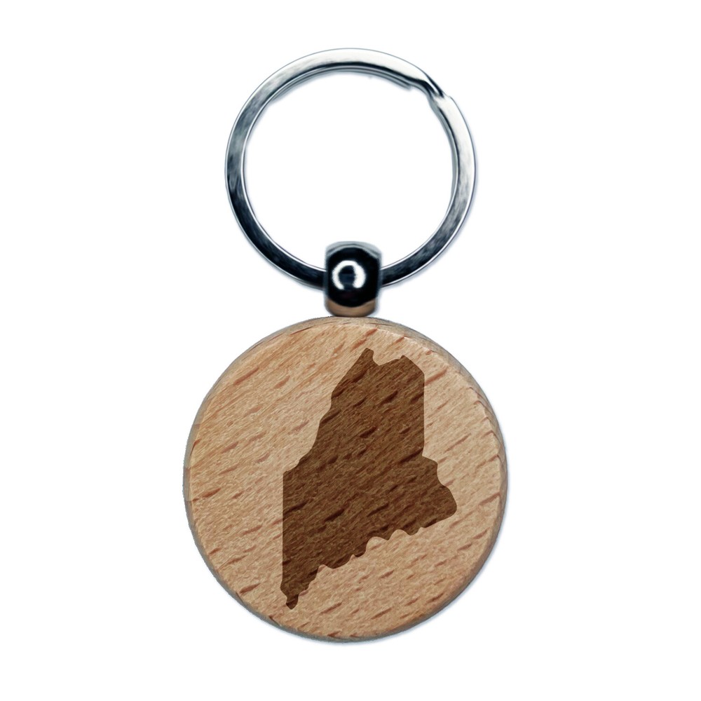 Maine State Silhouette Engraved Wood Round Keychain Tag Charm