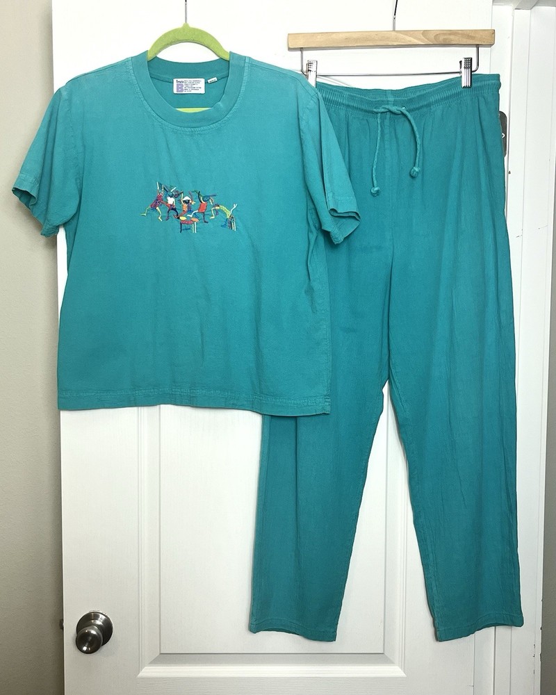 VTG 90s Renata B Sz M 100% Preshrunk Cotton Turquoise T-shirt & Pants Set