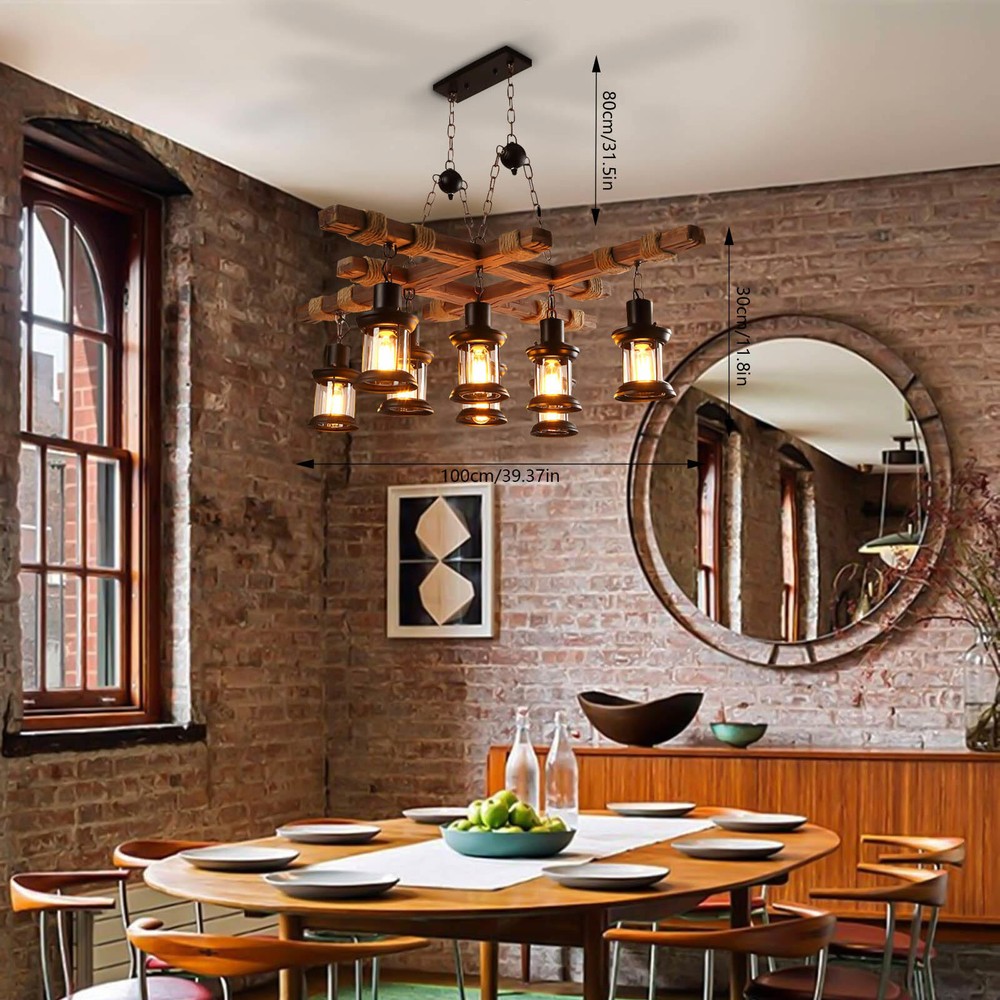 8-Light Rustic Wood Chandelier Industrial Country Pendant Ceiling Lamp