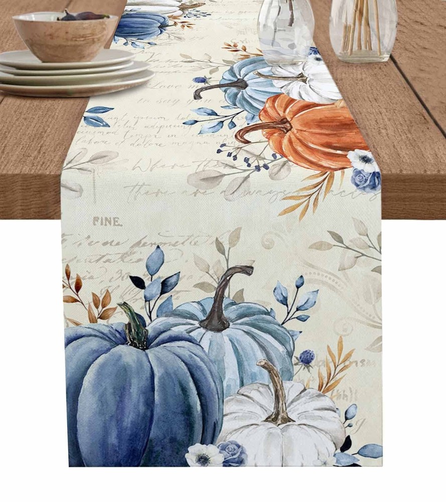 Thanksgiving Fall Table Runner - 72 Inch Long Maple Leaf Blue Orange Gray Pum...