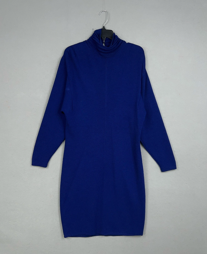 Vintage St John Sweater Dress Women 12 Blue Turtleneck Knit USA 80s Quiet Luxury