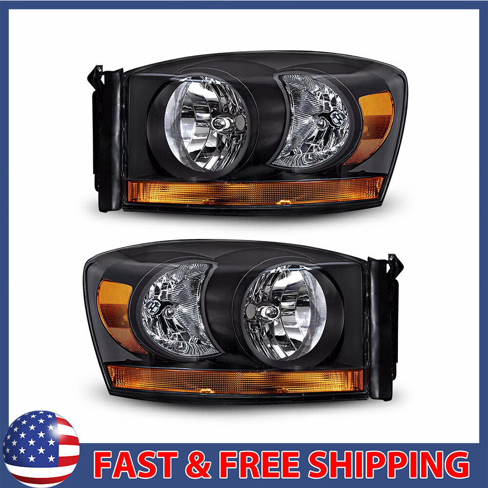 Black Headlights Pair For 2006-2008 Dodge Ram 1500 2500 3500 Driver & Passenger