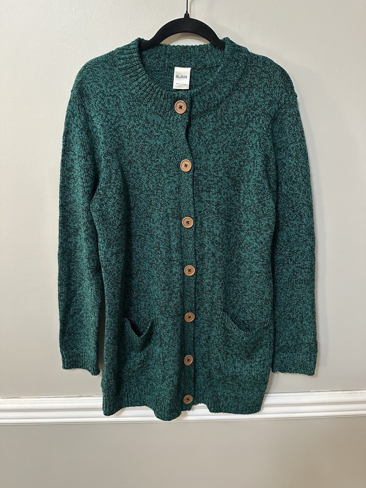 Blair Womens Green Button Front Shaker Sweater Size Large  