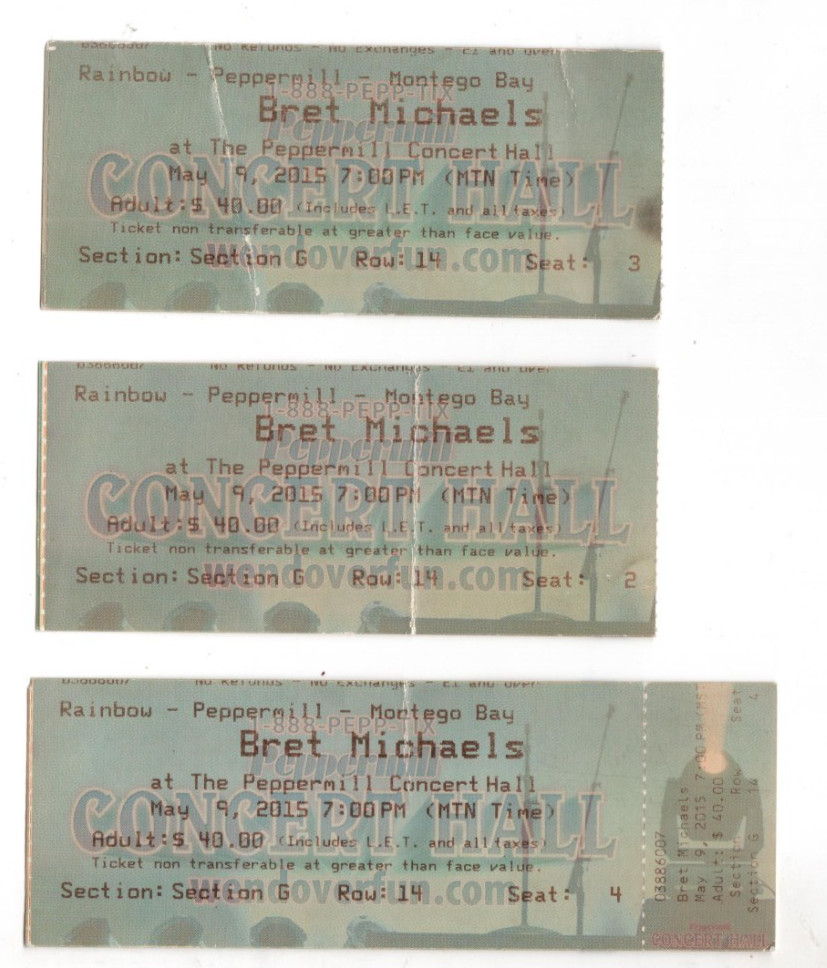 Bret Michaels 2015 Full Ticket-Stubs Lot, Peppermill Concert Hall, Wendover