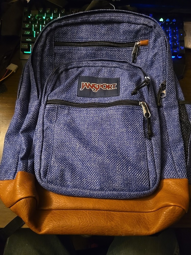 Vintage JANSPORT Blue Canvas Backpack Brown Leather Bottom