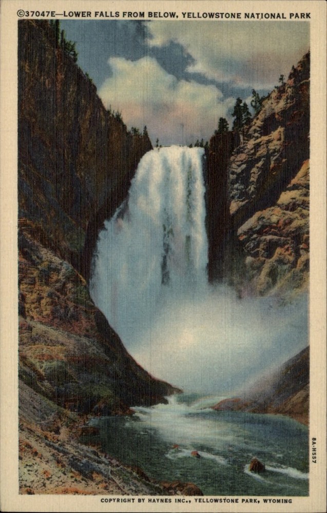 Wyoming Yellowstone National Park Lower Falls from below ~ unused linen postcard