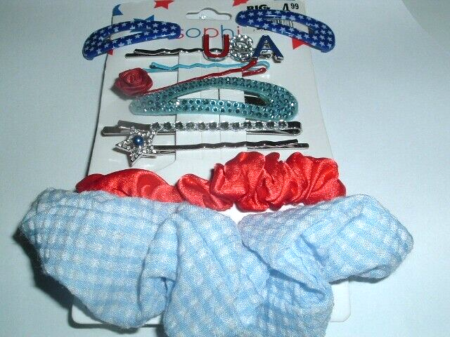 Patriotic USA Flag Hair Clips Ponytail Holders Bobby Pins