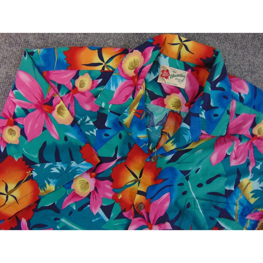 Hilo Hattie Shirt Men Large Blue Red Tropical Floral Aloha Hawaiian Bright Vaca