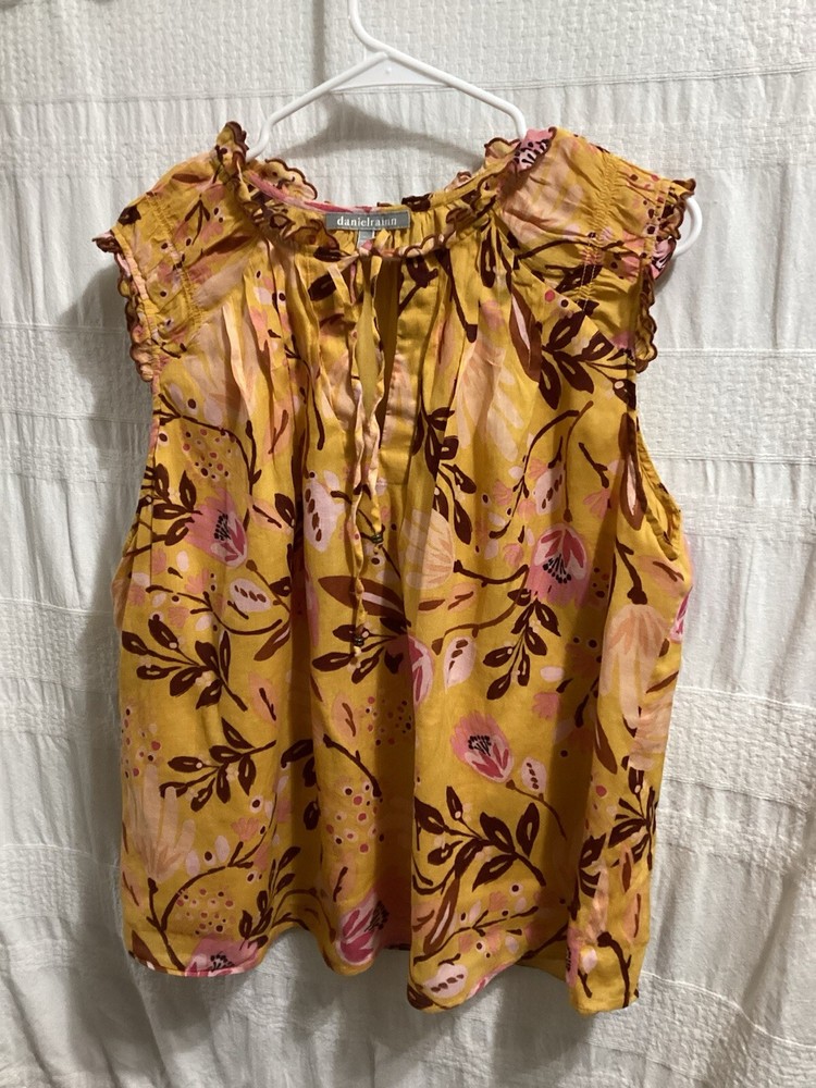Daniel Rainn Blouse Woman XL Floral Ruffled Sleeveless Tassel smocked Multicolor