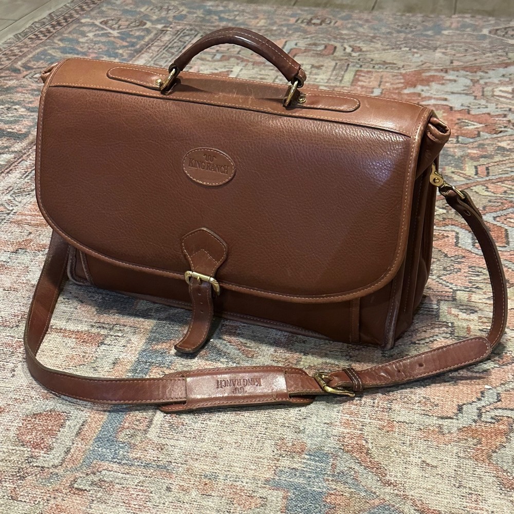Vintage King Ranch Multi Compartment Leather Brief Case Messenger Bag Structured