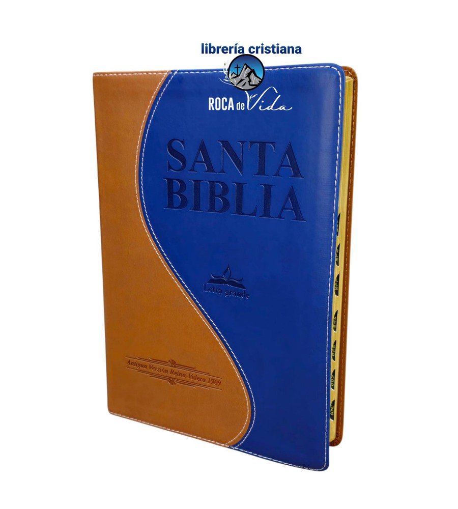 Biblia Antigua Versión RVR.1909  Piel Cafe Azul Letra Gigante Con Indice
