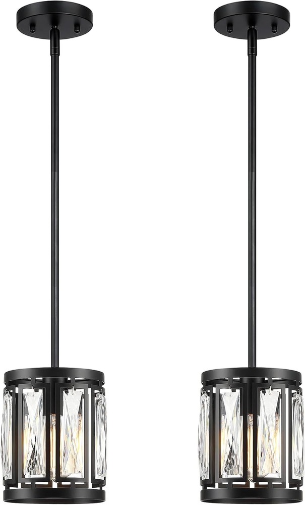 Matte Black Crystal Pendant Light Fixture with Drum Shade - Set of 2