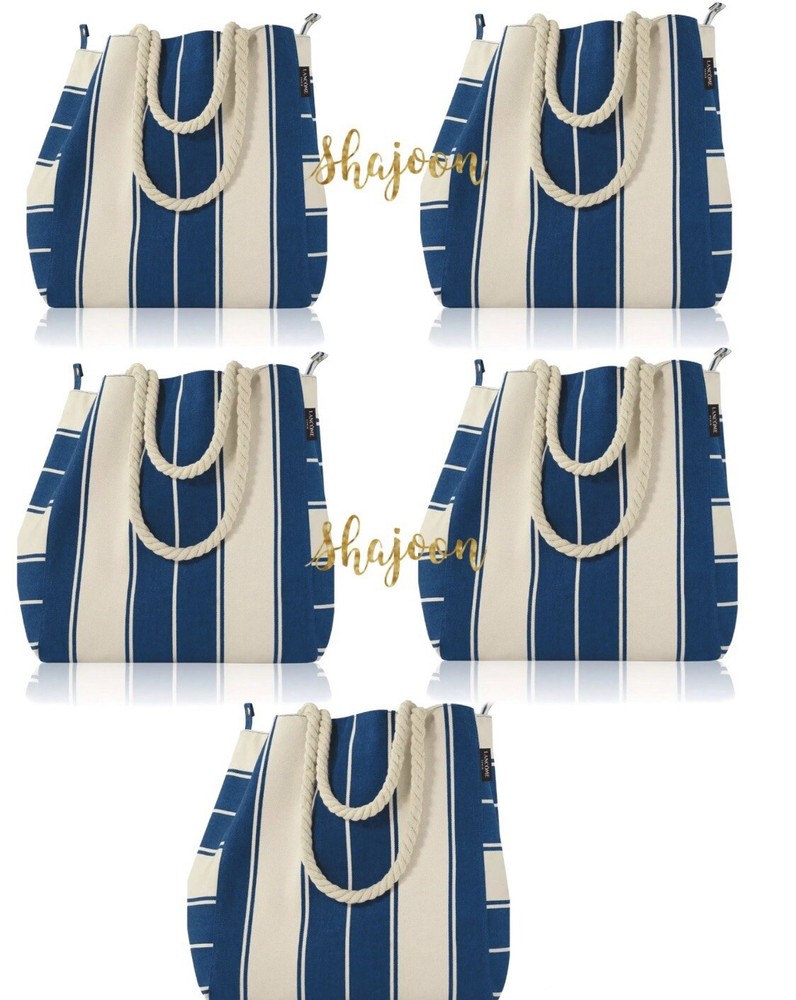 Lancome Navy Tan Striped Canvas Tote Bag with Closure 5x New