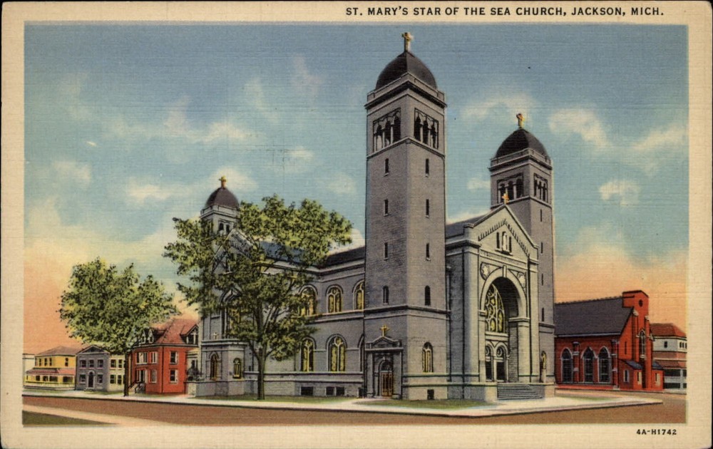 St Mary's Star of Sea Church Jackson Michigan cross ~ 1940s linen postcard