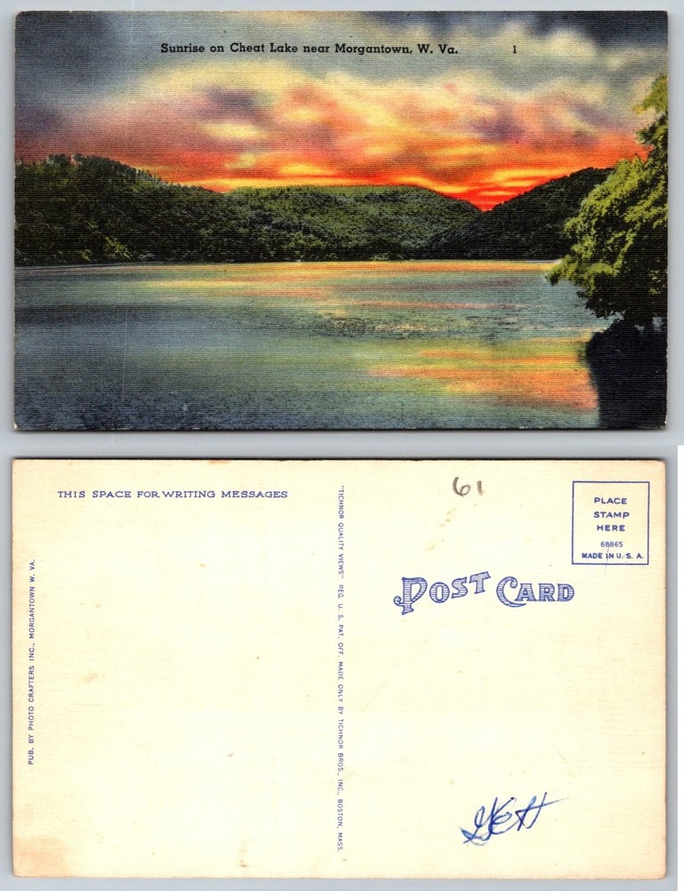 Sunrise Cheat Lake Morgantown WV Linen Postcard Tichnor Bros Vintage Travel