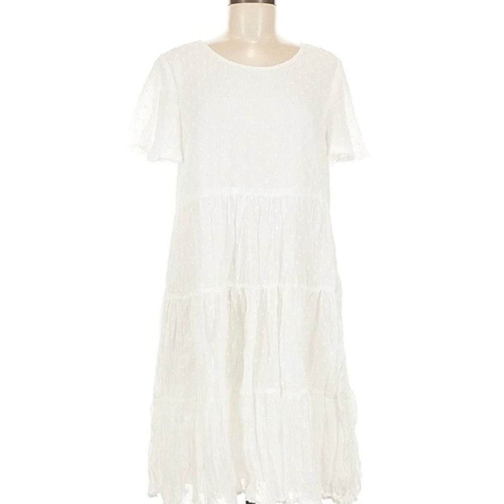 White Tiered Baby Doll Dress L Y2K Boho Romantic Whimsy