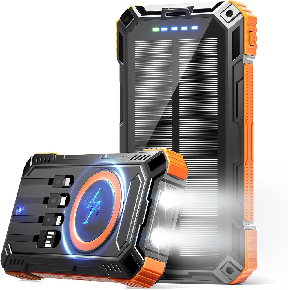 49800mAh Solar Wireless Power Bank with 4 Built-in Orange Cables for On-the-Go Charging