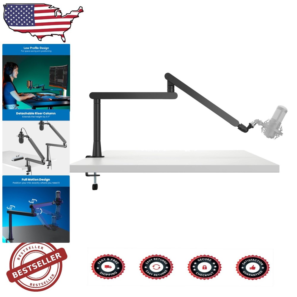 Premium Low Profile Mic Arm - Desk Mount for Podcasts & Recordings, 27.8