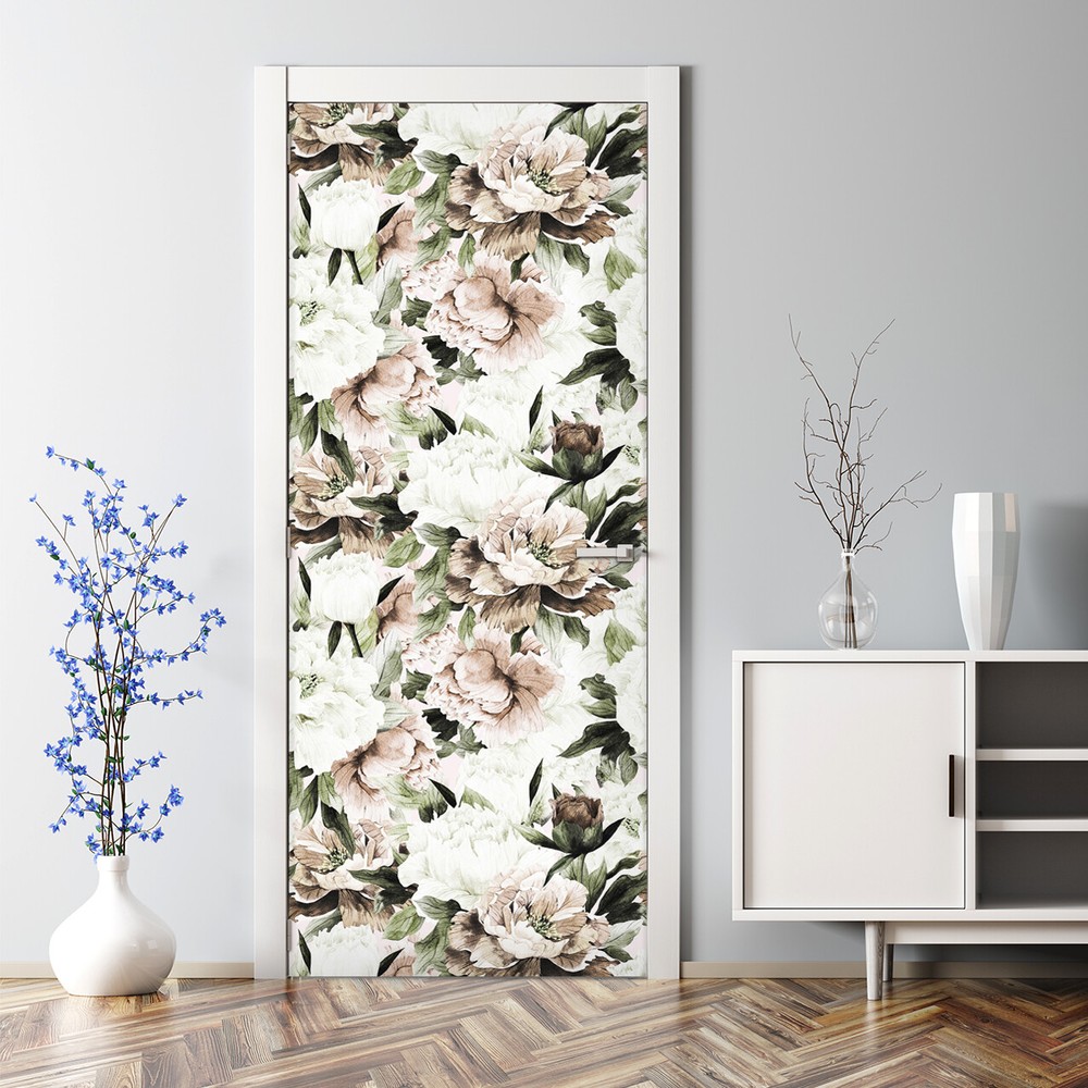 Blooming Peonies Bubble-Free Pale Door Decal with Blush Floral Bouquet