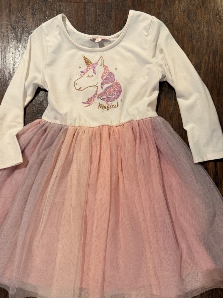 Kid Girl Dress Size 6x White Pink Unicorn Fit & Flare