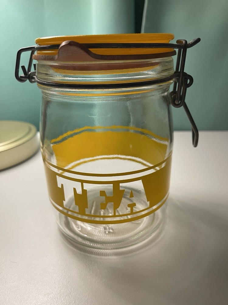 Vintage Bright Yellow TEA Glass Canister Jar With Lid