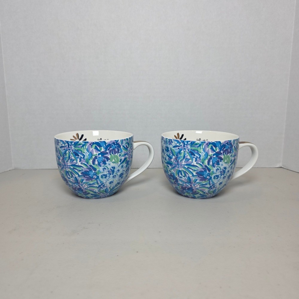 Lilly Pulitzer Floral Coffee Mugs Set of 2 Blue Green Gold Handle Ceramic Cups